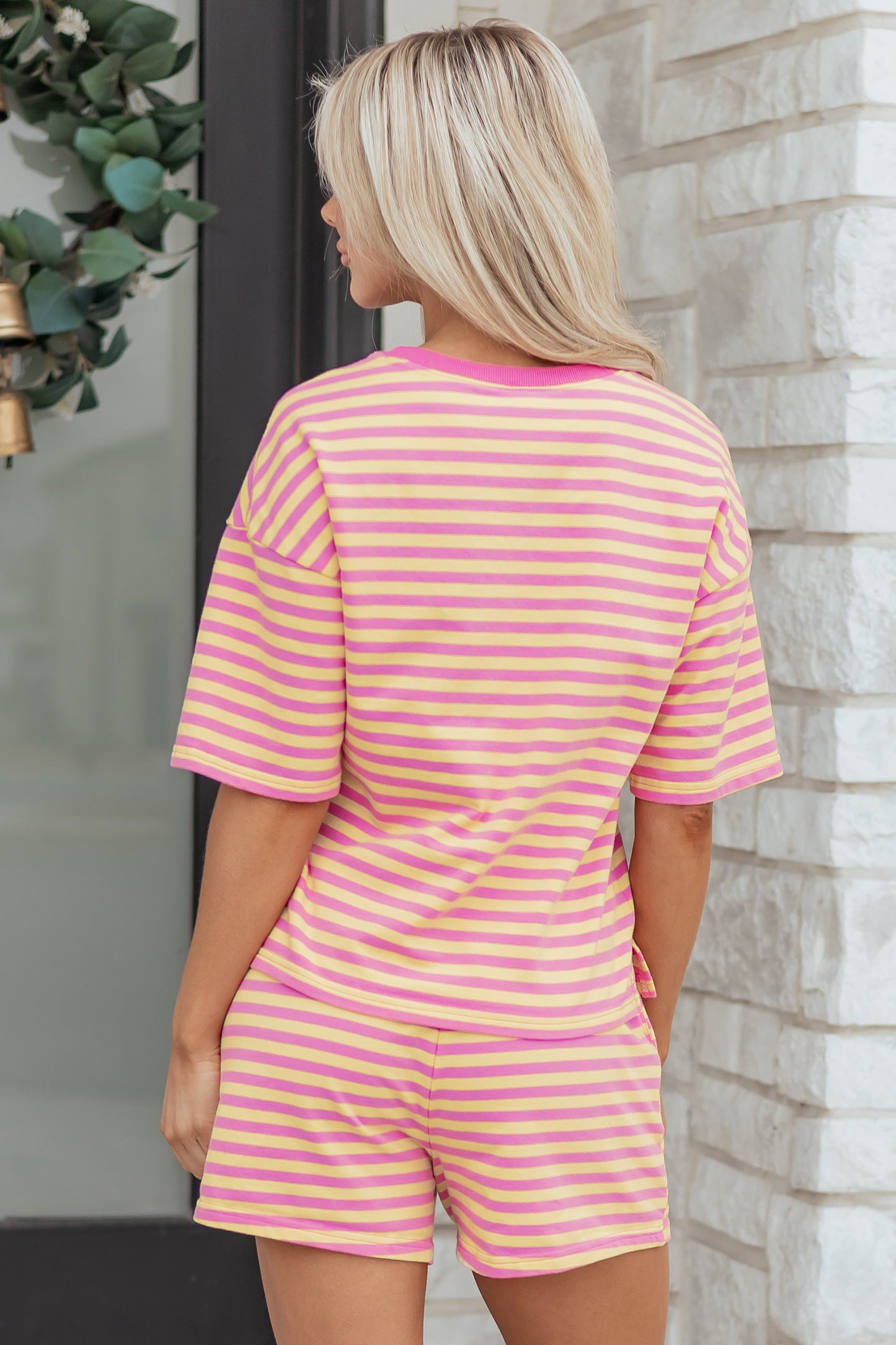 Rose Stripe Drop Shoulder Boxy Casual Terry Short Set