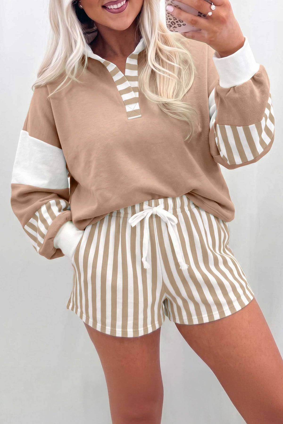 Black Striped Color Block Pullover Top Drawstring Shorts Set