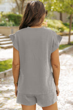 Textured Ruffle Split Top and Drawstring Shorts