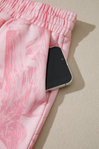 Pink Abstract Print Ribbed Crewneck Long Sleeve Top Elastic Waist Short Set