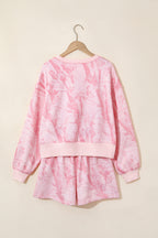 Pink Abstract Print Ribbed Crewneck Long Sleeve Top Elastic Waist Short Set