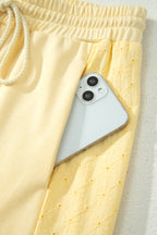 Yellow Cream Eyelet Embroidered Lace Patchwork Cropped Pullover Drawstring Pants Set