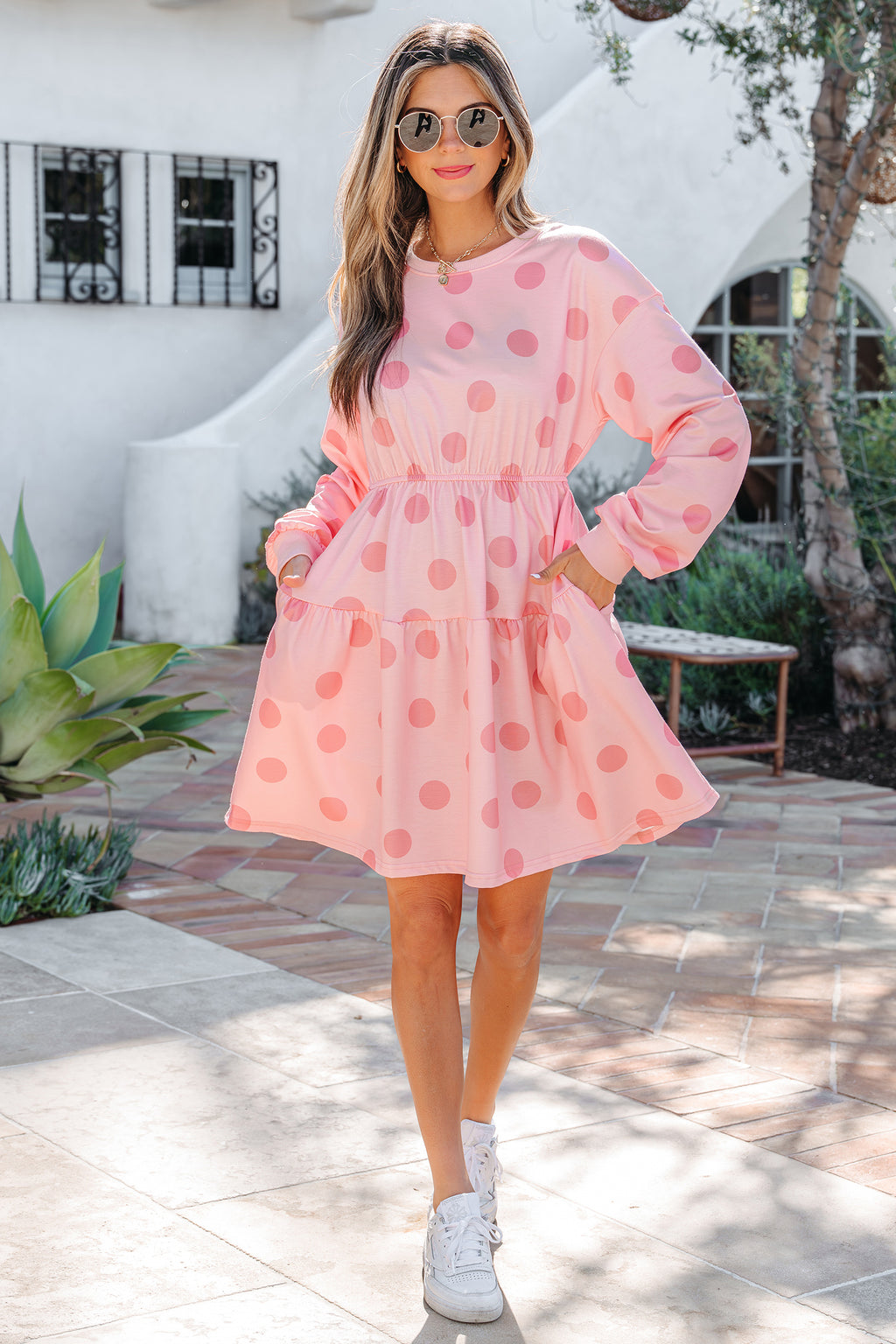 White Polka Dot Printed Long Sleeve Flared Mini Dress