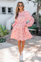 White Polka Dot Printed Long Sleeve Flared Mini Dress