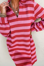 Black Stripe Polo Neck Shift Fit Sweatshirt Dress with Side Pockets
