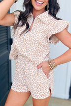 Beige Leopard Zip Polo Top 2pcs Short Set