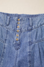 Dusk Blue High Rise Buttons Pleated Cropped Wide Leg Denim Pants