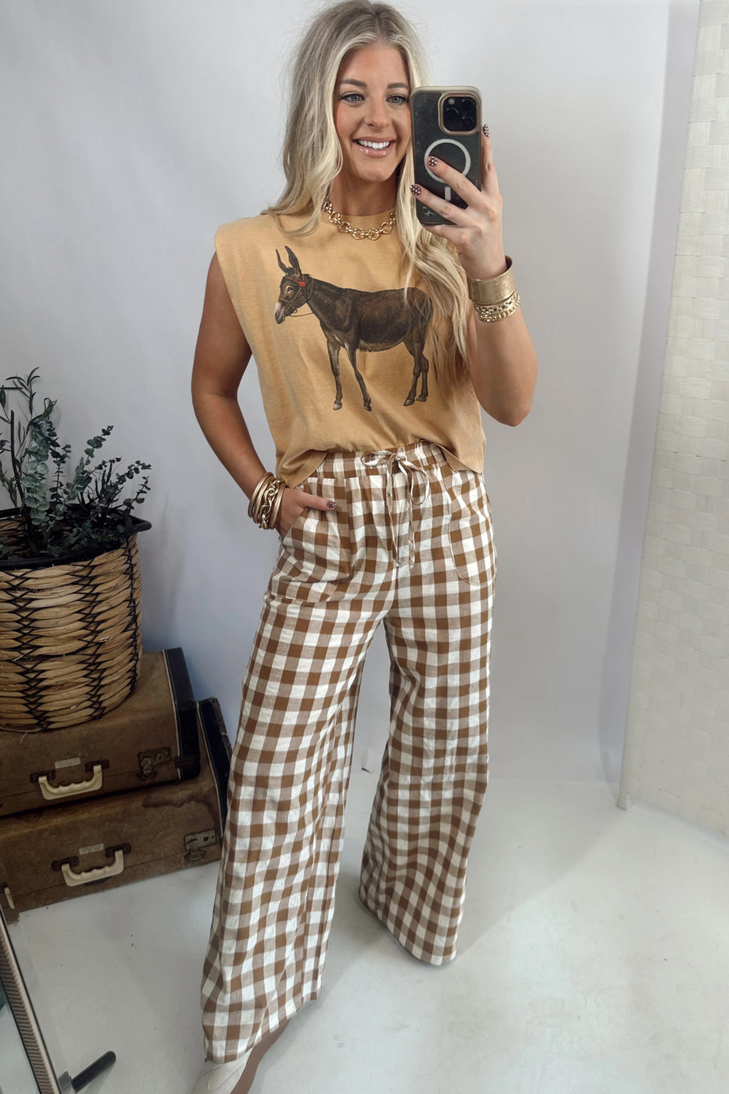 Brown gingham plaid tie-elastic waist shift pants from Dear-Lover, casual culottes with relaxed fit and stylish pattern.