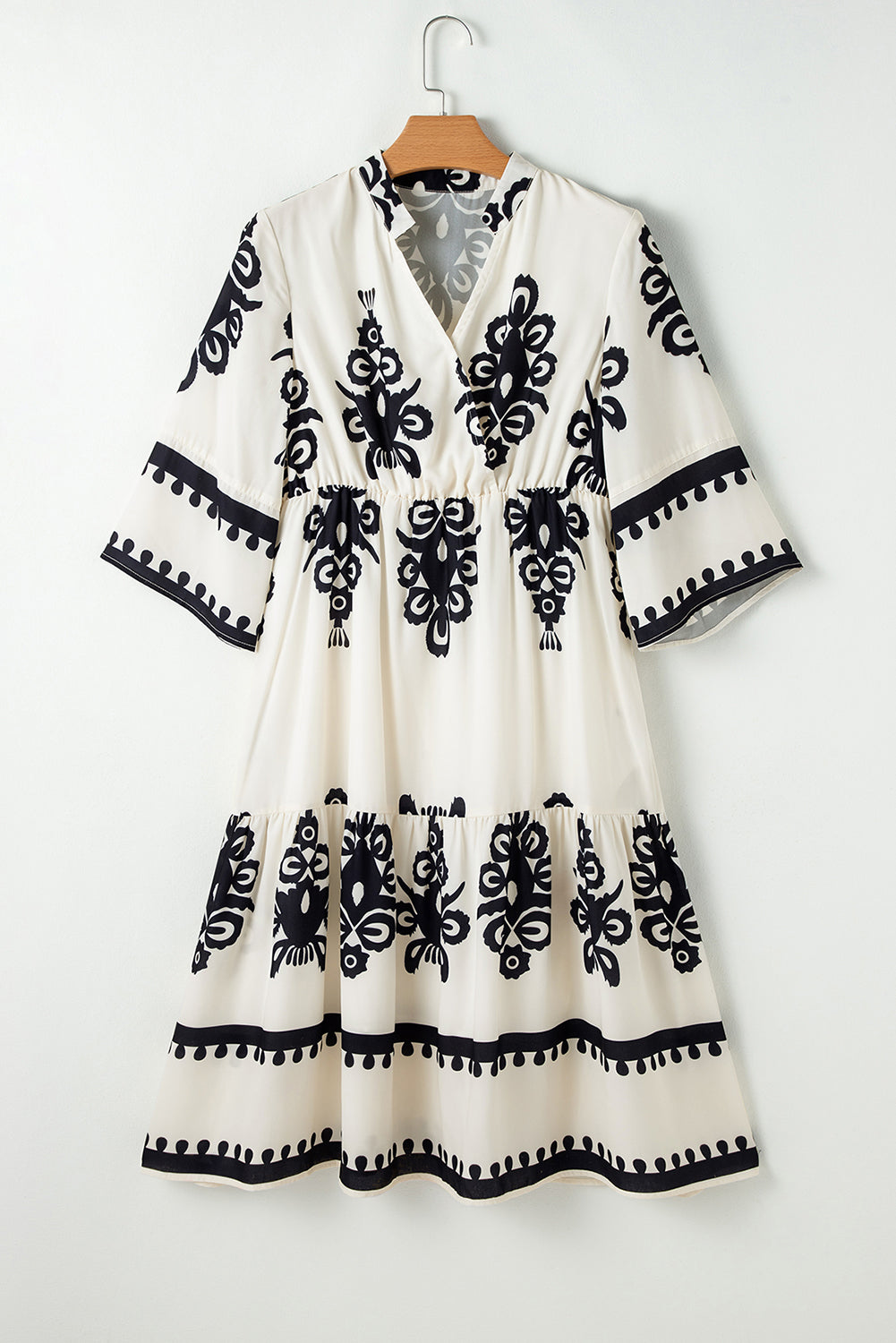 Black Western Geometric Print 3/4 Sleeve Loose Midi Dress