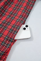 Red Plaid Square Collar Lace Trim Short Sleeve Shift Mini Dress