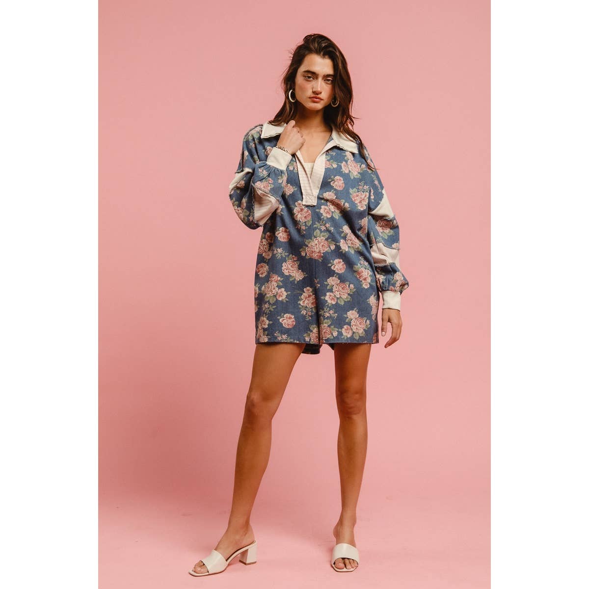 WASHED FLORAL DENIM ROMPER WITH CONTRAST COLLAR