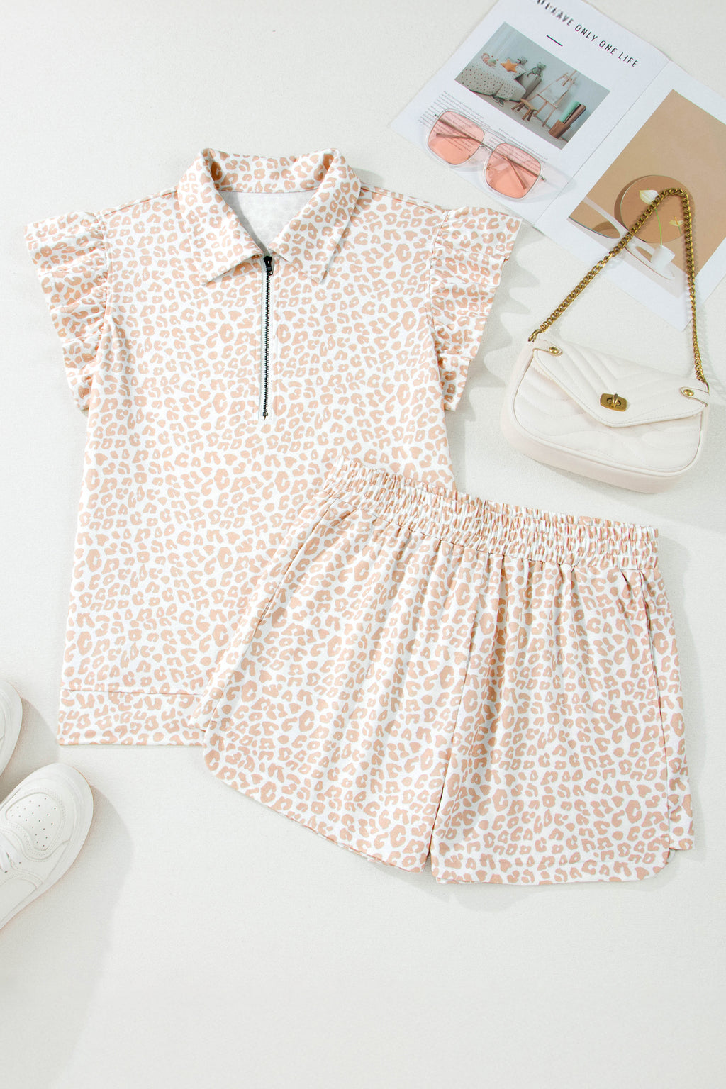 Beige Leopard Zip Polo Top 2pcs Short Set