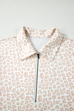 Beige Leopard Zip Polo Top 2pcs Short Set