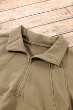 Brown Zip Up Stand Collar Thumbhole Sleeve Sweatshirt