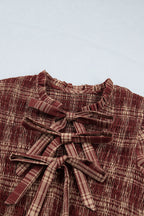 Red Vintage Plaid Knot Front Smocked High Waist Midi Dress