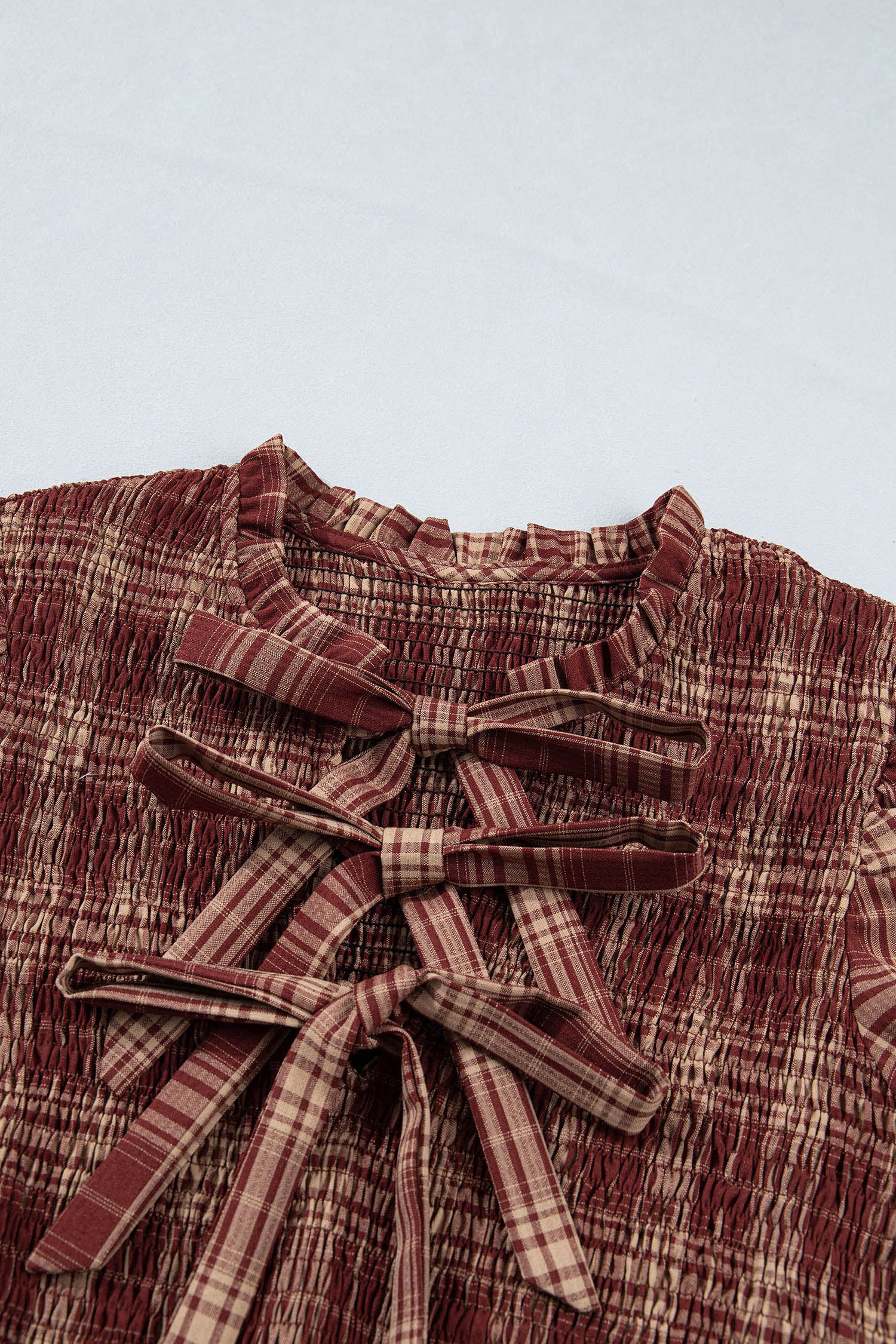 Red Vintage Plaid Knot Front Smocked High Waist Midi Dress