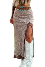 Brown Cheetah Print Trim Split Long Western Skirt