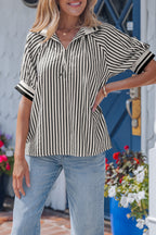Black Stripe Polo Collar Half Zip Short Puff Sleeve Blouse