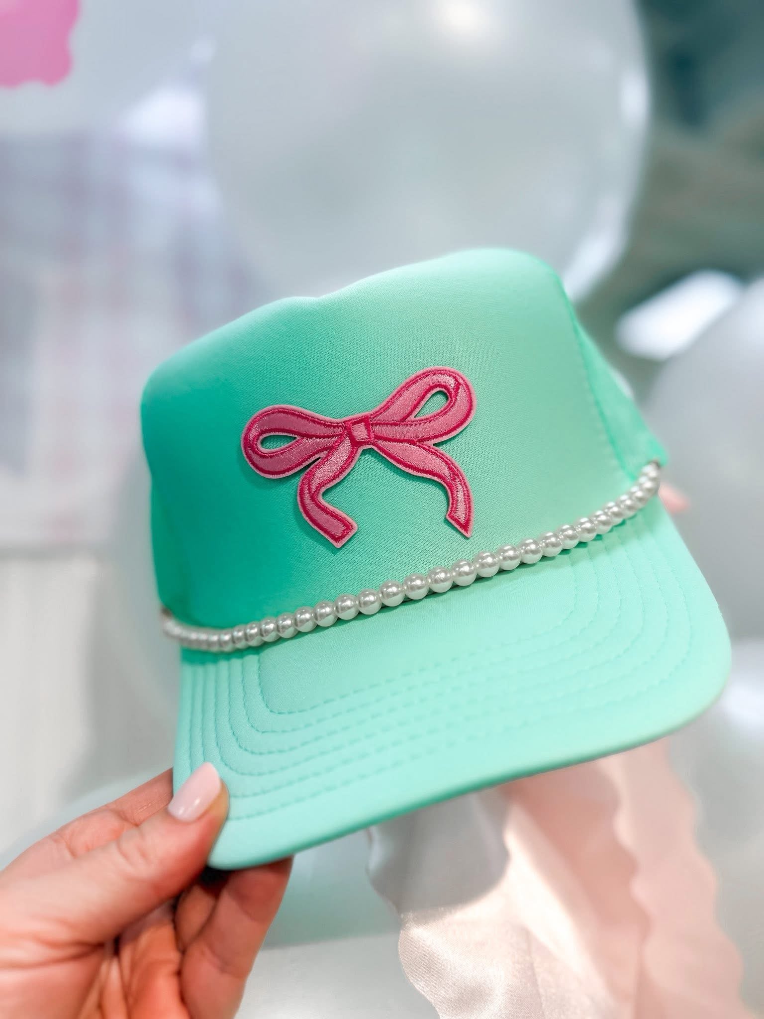 Teal Bow Hat with Chain