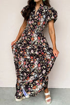 Black Floral Print V Neck Pleated Tiered Maxi Dress