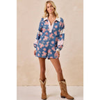 WASHED FLORAL DENIM ROMPER WITH CONTRAST COLLAR