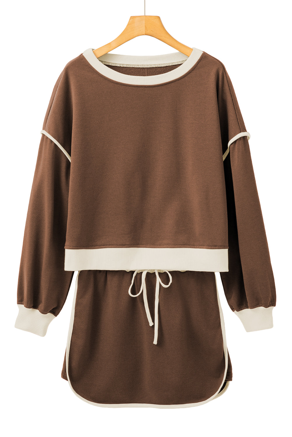 Rose Red Color Contrast Loose Pullover and Lace-up Waist Skort Set