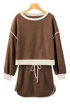 Rose Red Color Contrast Loose Pullover and Lace-up Waist Skort Set