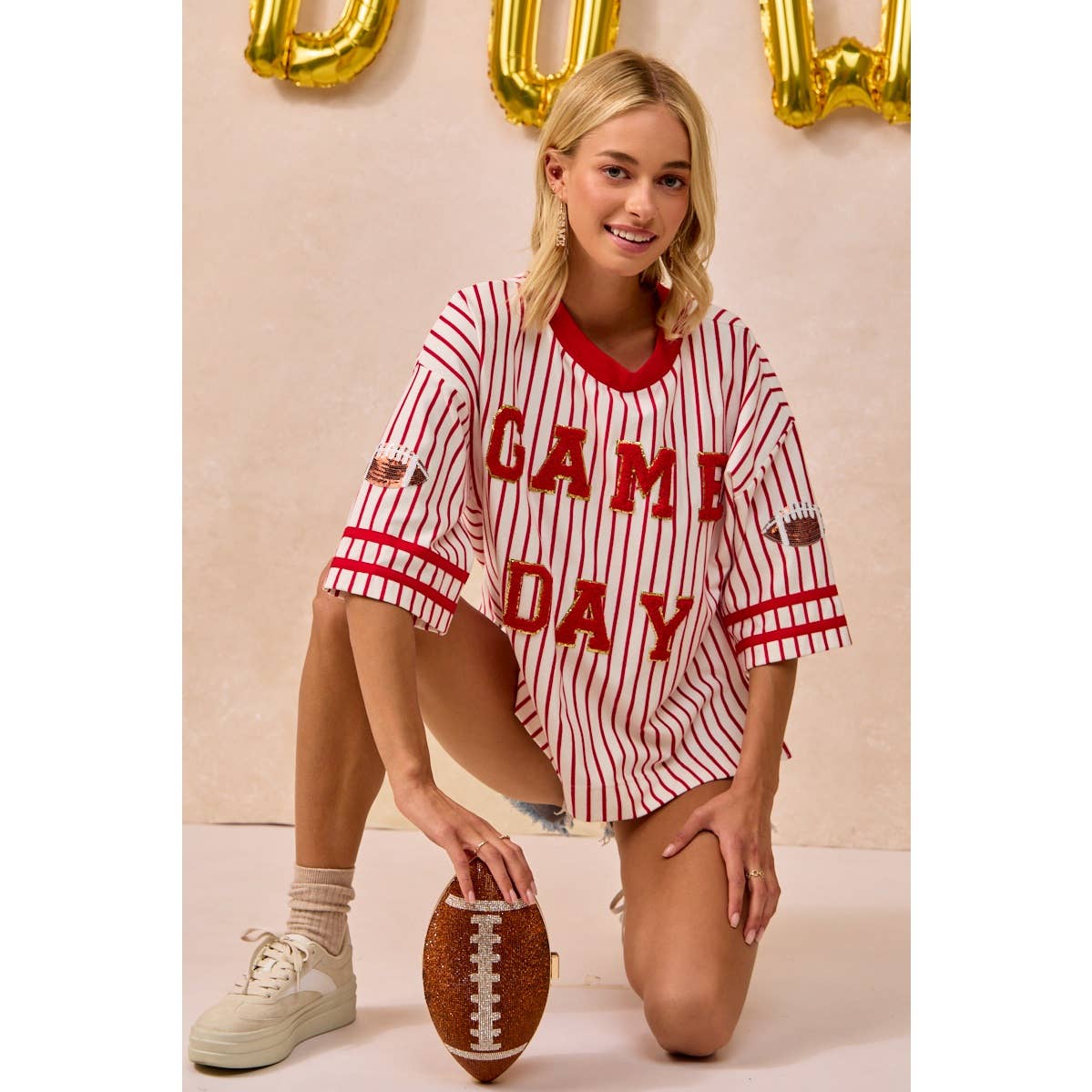 GAMEDAY THEME STRIPE KNIT TOP WITH SLEEVE PATCHED