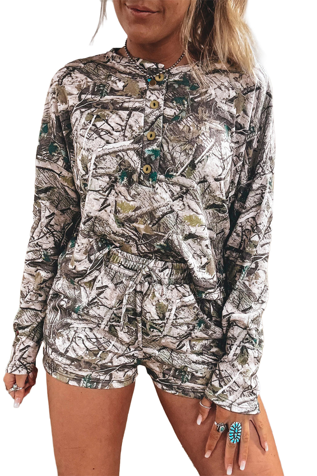 Brown Camo Long Sleeve Top Elastic Waist Shorts Two Piece Set