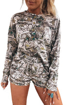 Brown Camo Long Sleeve Top Elastic Waist Shorts Two Piece Set