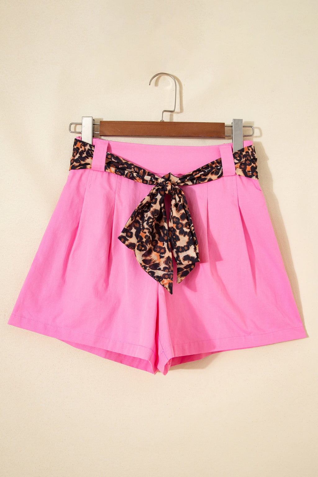 Oatmeal Leopard Contrast Sash Belt Pleated Wide Leg Shorts