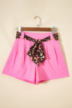 Oatmeal Leopard Contrast Sash Belt Pleated Wide Leg Shorts