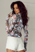 Pink Floral Long Sleeve High Neck Sheath Mesh Top