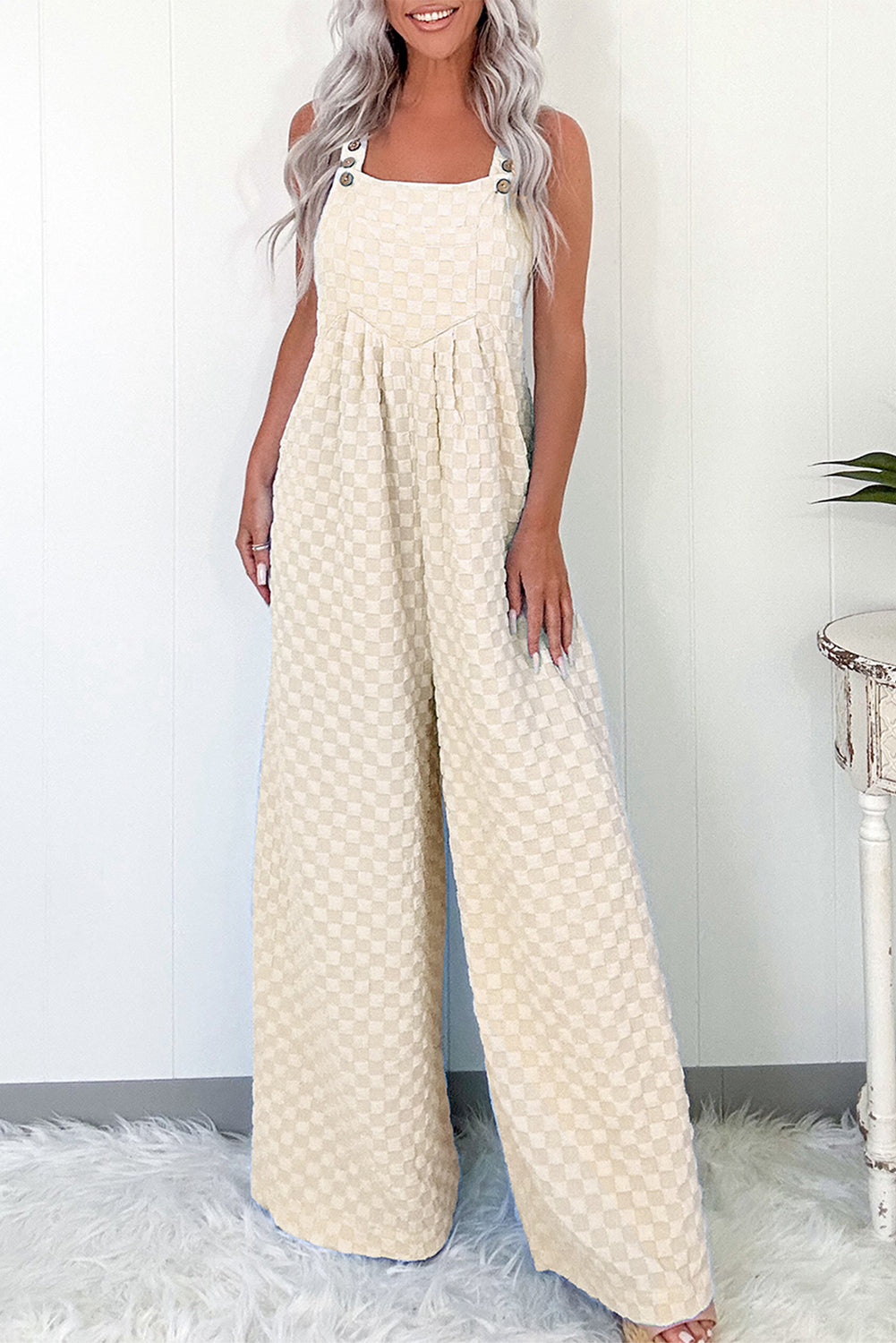 Checkered Pocketed High Waist Wide Leg Overall