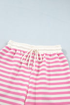 Pink Striped Long Sleeve Crew Neck Drawstring Waist Shorts Set