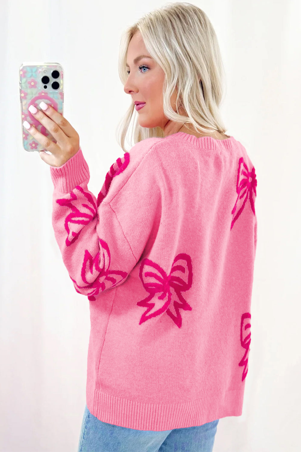 Pink Fleece Bow Pattern Drop Shoulder Loose Sweater