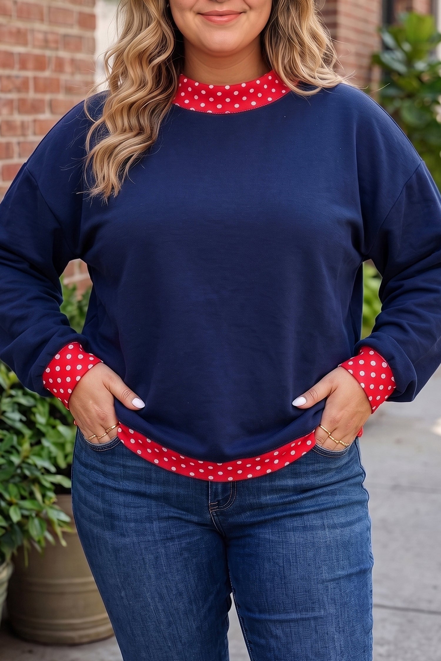 Polka Dot Patchwork Round Neck Plus Size Sweatshirt