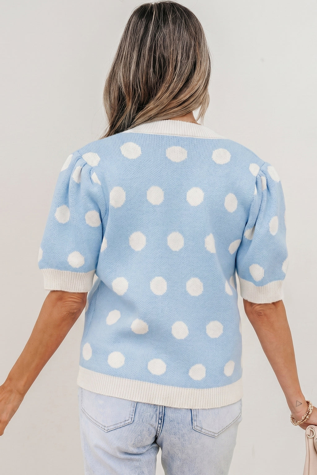 Rose Red Polka Dot Puff Short Sleeve Sweater Top