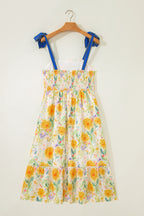 Red Floral Print Contrast Stitched Knot Denim Straps High Waist Dress
