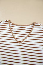 Gray Stripe V Neck Ruffle Contrast Sleeve Top Drawstring Pants 2pcs Set