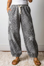 Gray Leopard Print Star Patched Drawstring Elastic Waist Jogger Pants