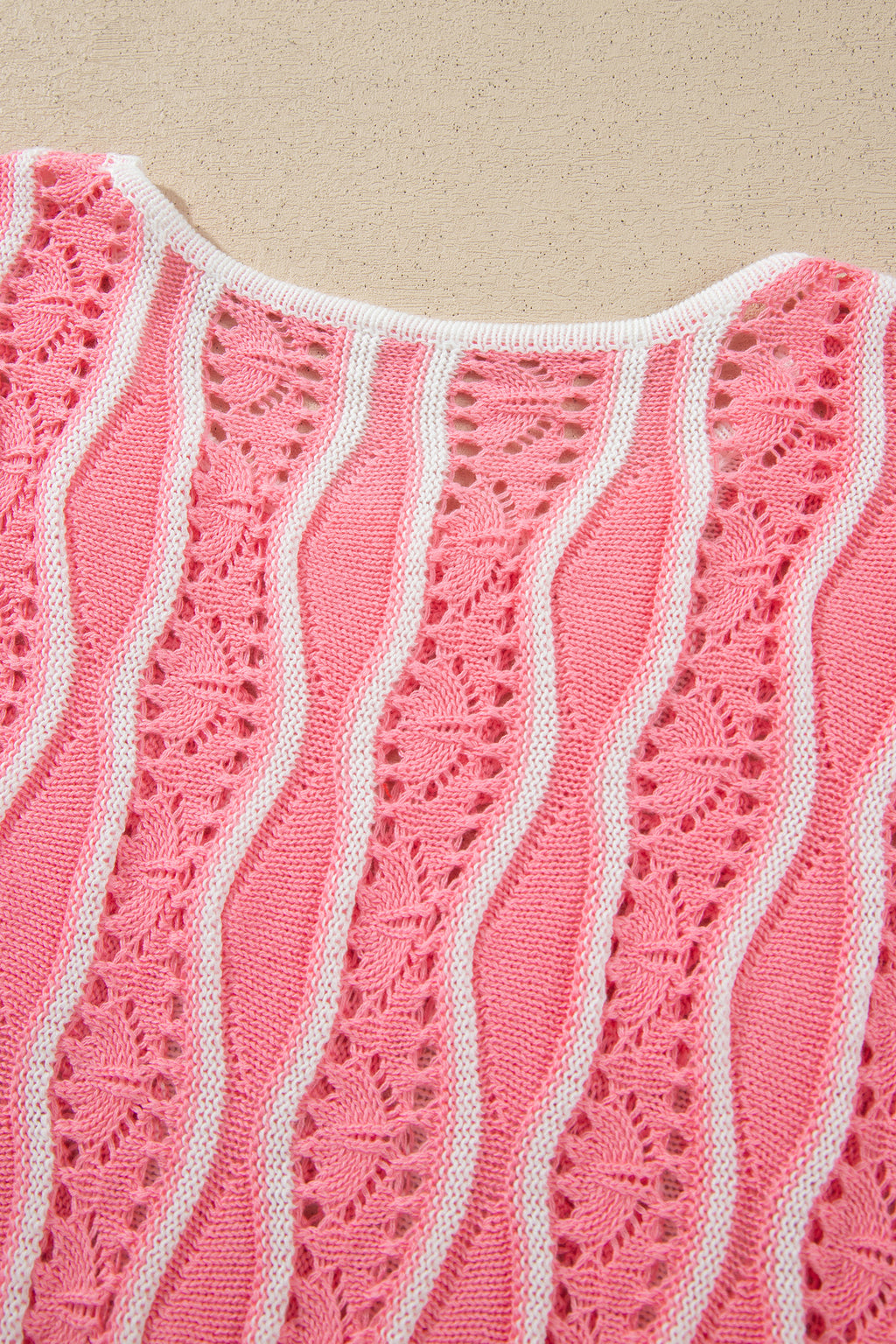 Pink Wavy Detail Hollow Out Knit Long Sleeve Cotton Pullover Sweater
