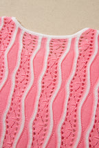 Pink Wavy Detail Hollow Out Knit Long Sleeve Cotton Pullover Sweater
