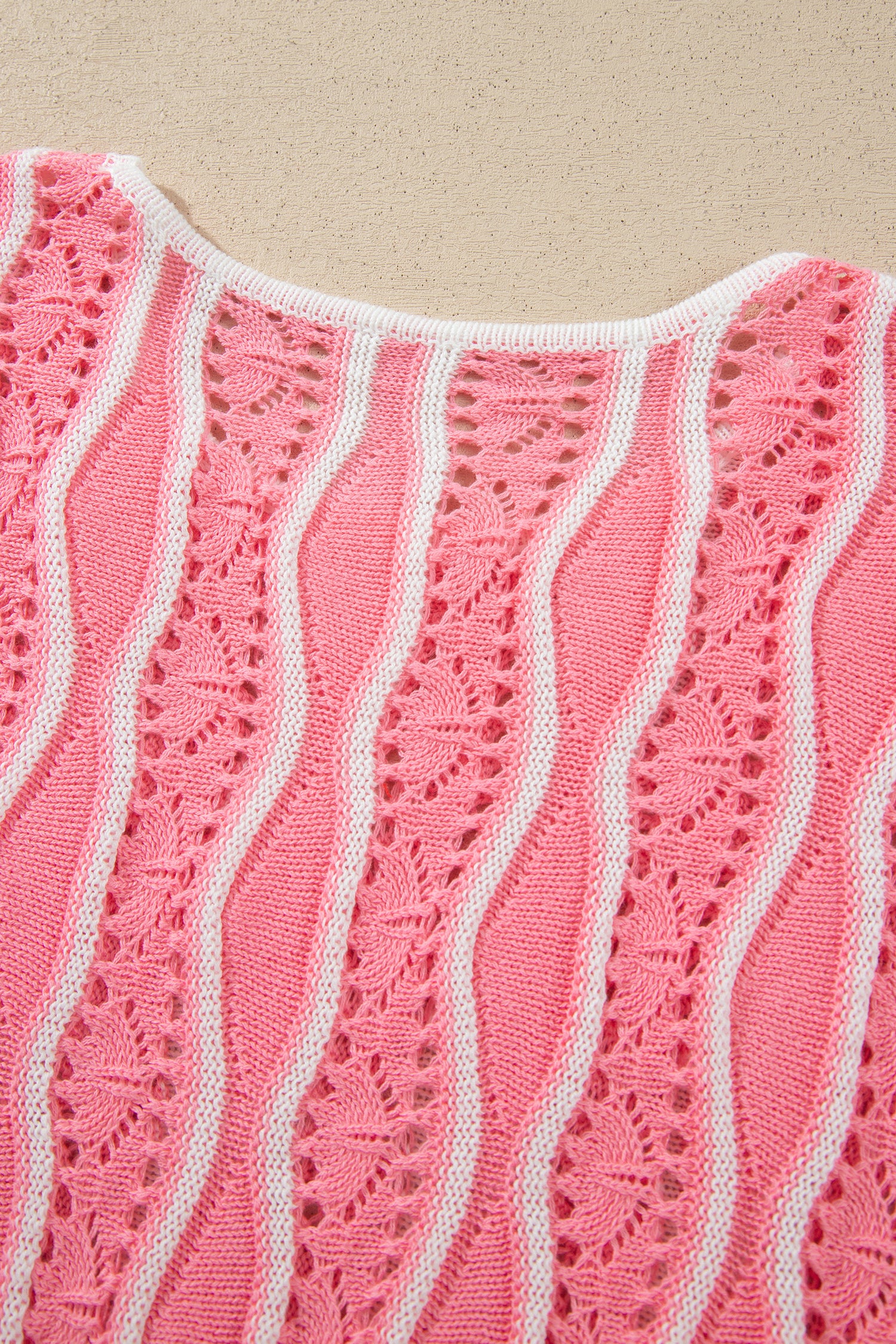 Pink Wavy Detail Hollow Out Knit Long Sleeve Cotton Pullover Sweater