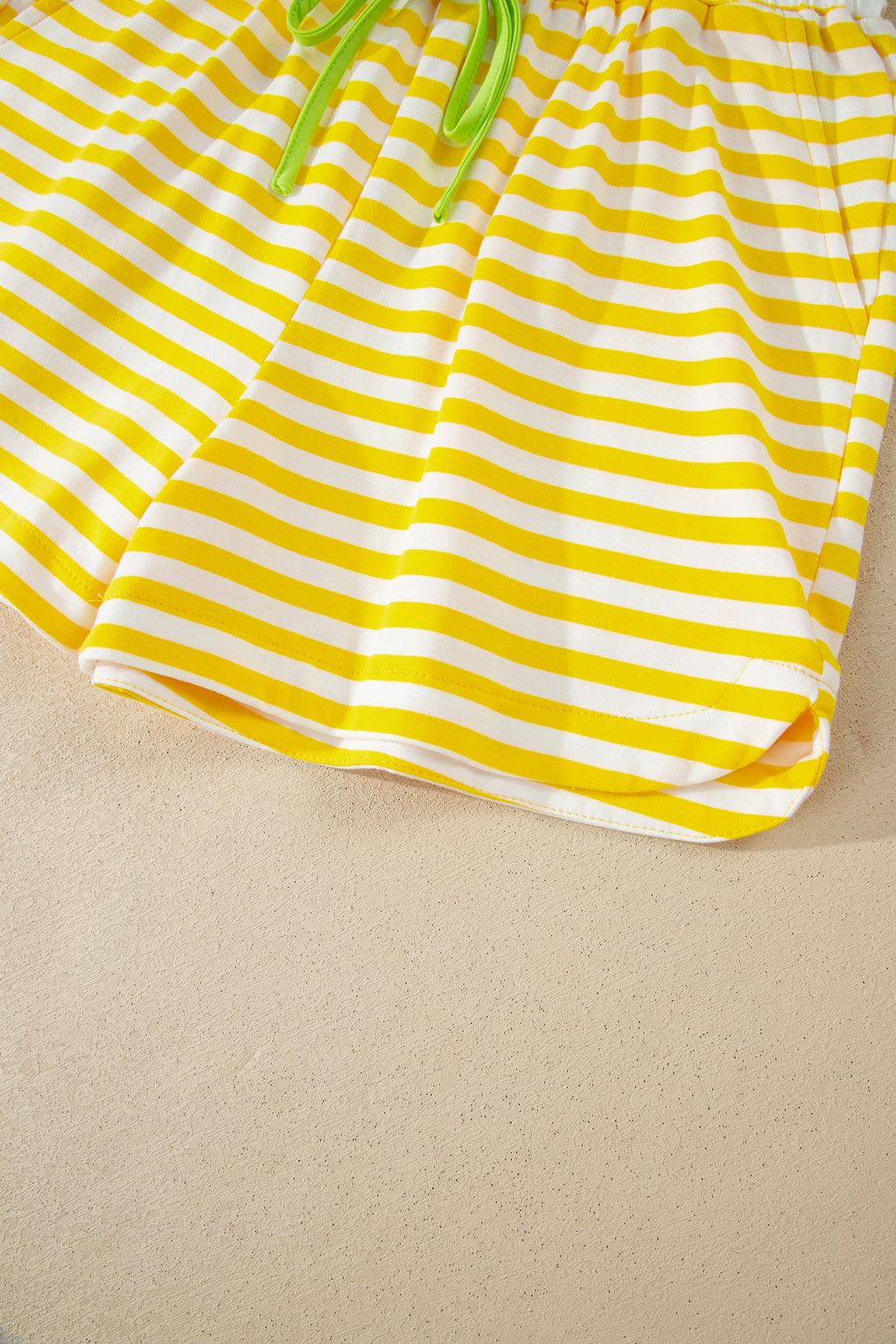 Stripe Contrast Neck Loose Tee and Drawstring Shorts Set