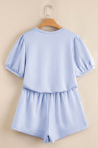 Puff Sleeve Pearl Embellished Scallop Trim Top 2 Piece Skort Set