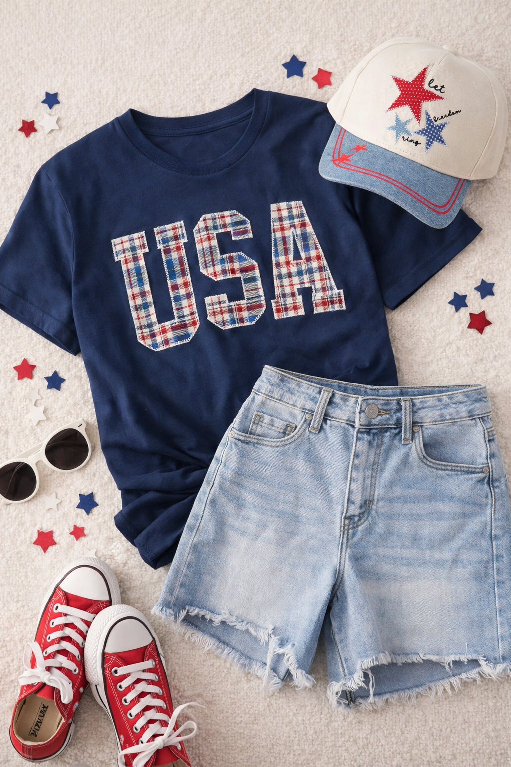 USA embroidered appliqué Plaid short sleeve