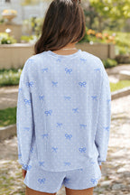 Sky Blue  Bow Print Twisted Rib Loose Long Sleeve Top 2pcs Short Set