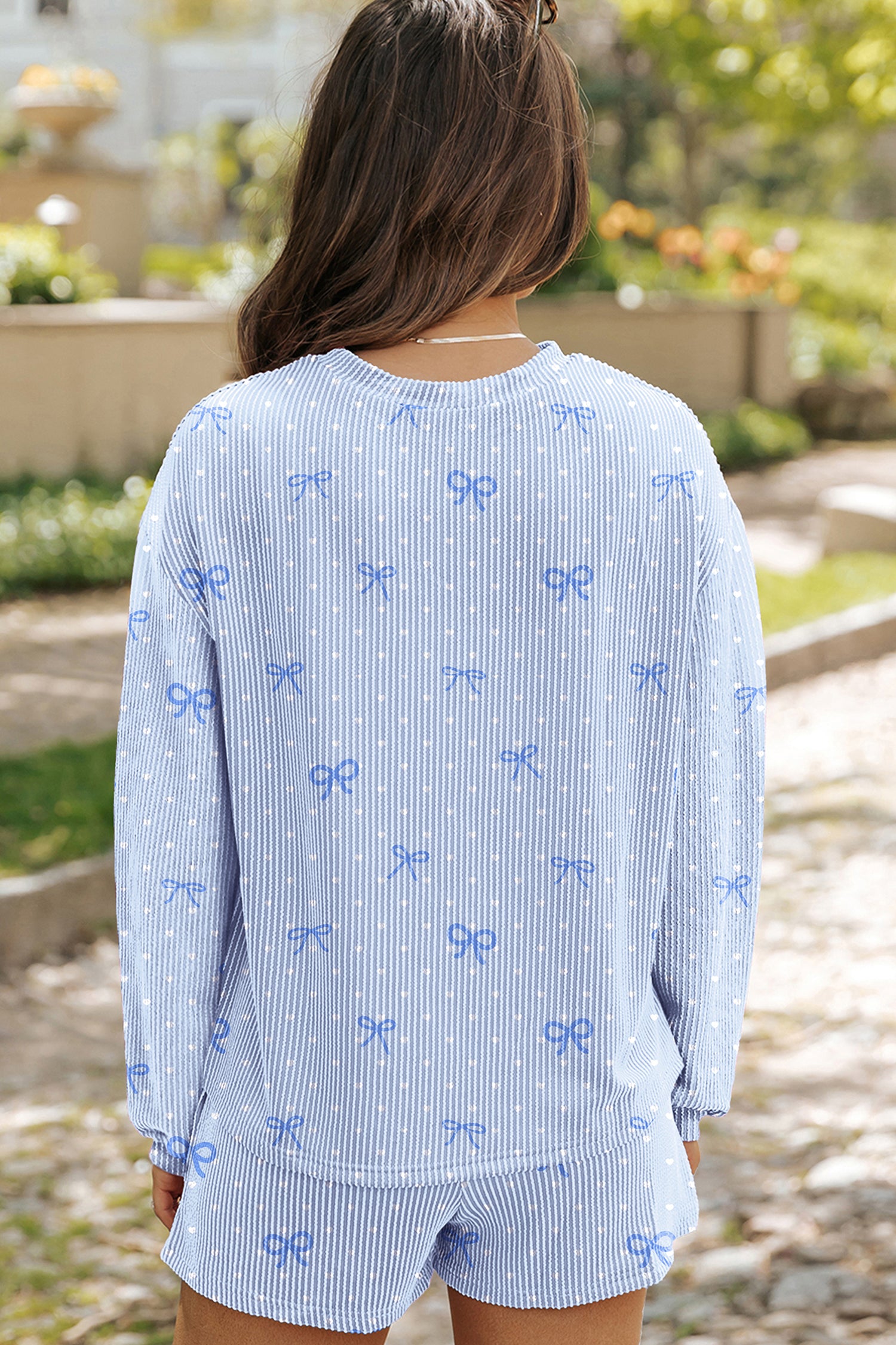Sky Blue  Bow Print Twisted Rib Loose Long Sleeve Top 2pcs Short Set