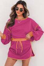 Rose Red Color Contrast Loose Pullover and Lace-up Waist Skort Set